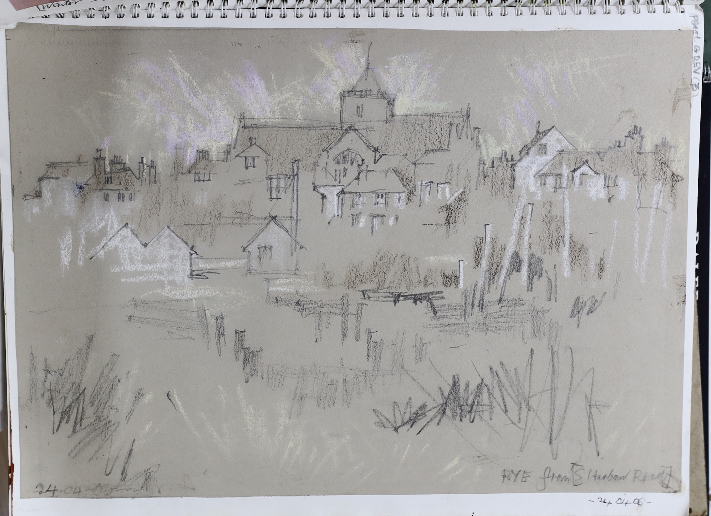 Michael Lawrence Cadman (1920-2010), folio of assorted watercolours and pastel drawings including jockeys, garden scenes and landscapes, largest 50 x 65cm, together with a crate of assorted sketchbooks